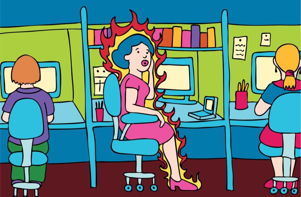 Cartoon of a woman with flames around her having a hot flash