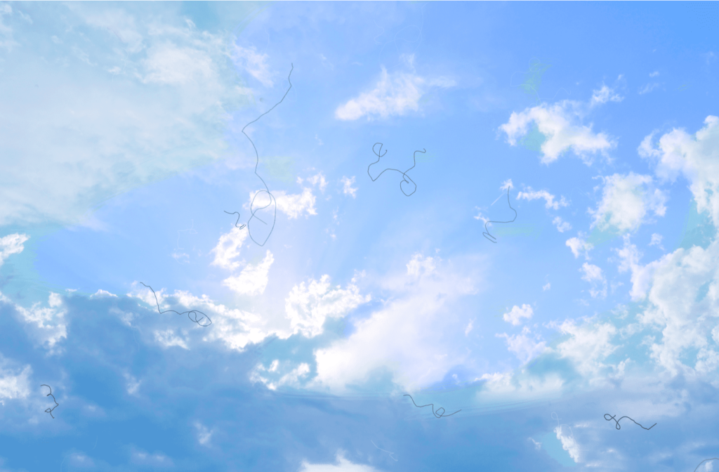 Squiggly lines called eye floaters hanging in front of a sunny blue sky with white fluffy clouds