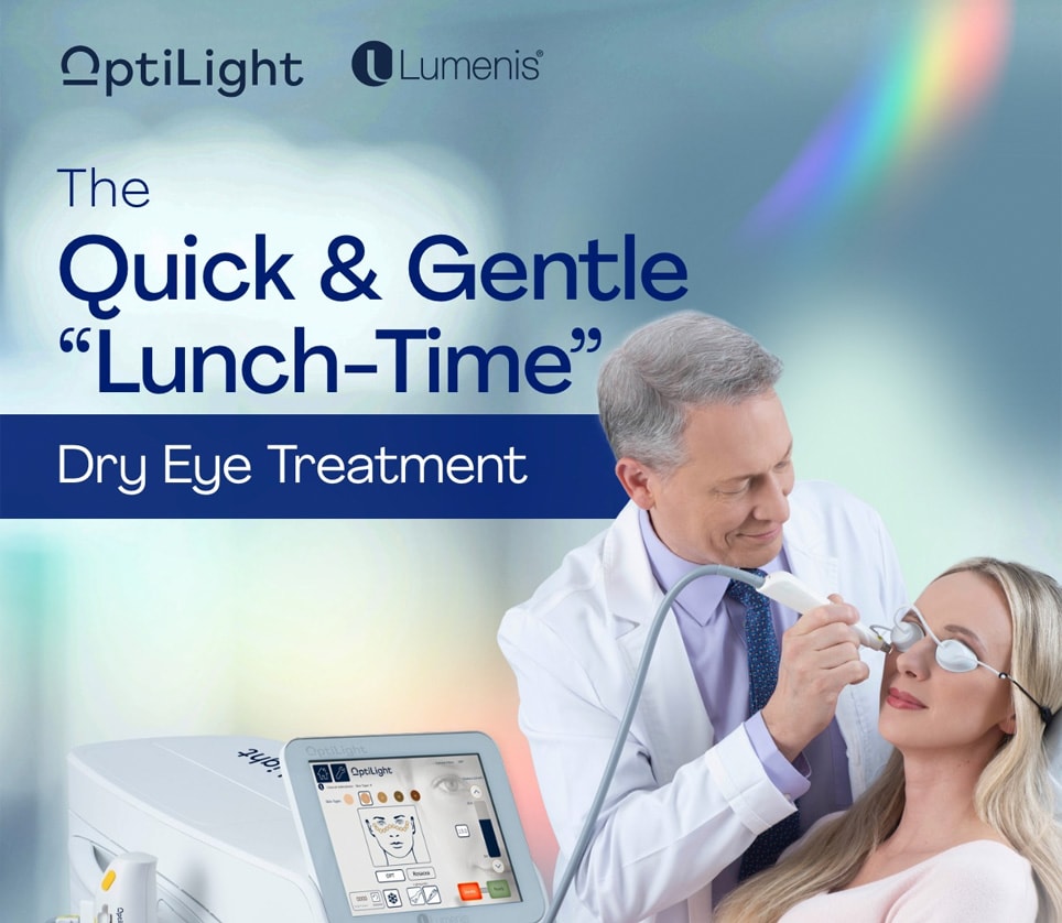 A male optometrist uses OptiLight by Lumenis IPL therapy to treat a female patient's dry eye.